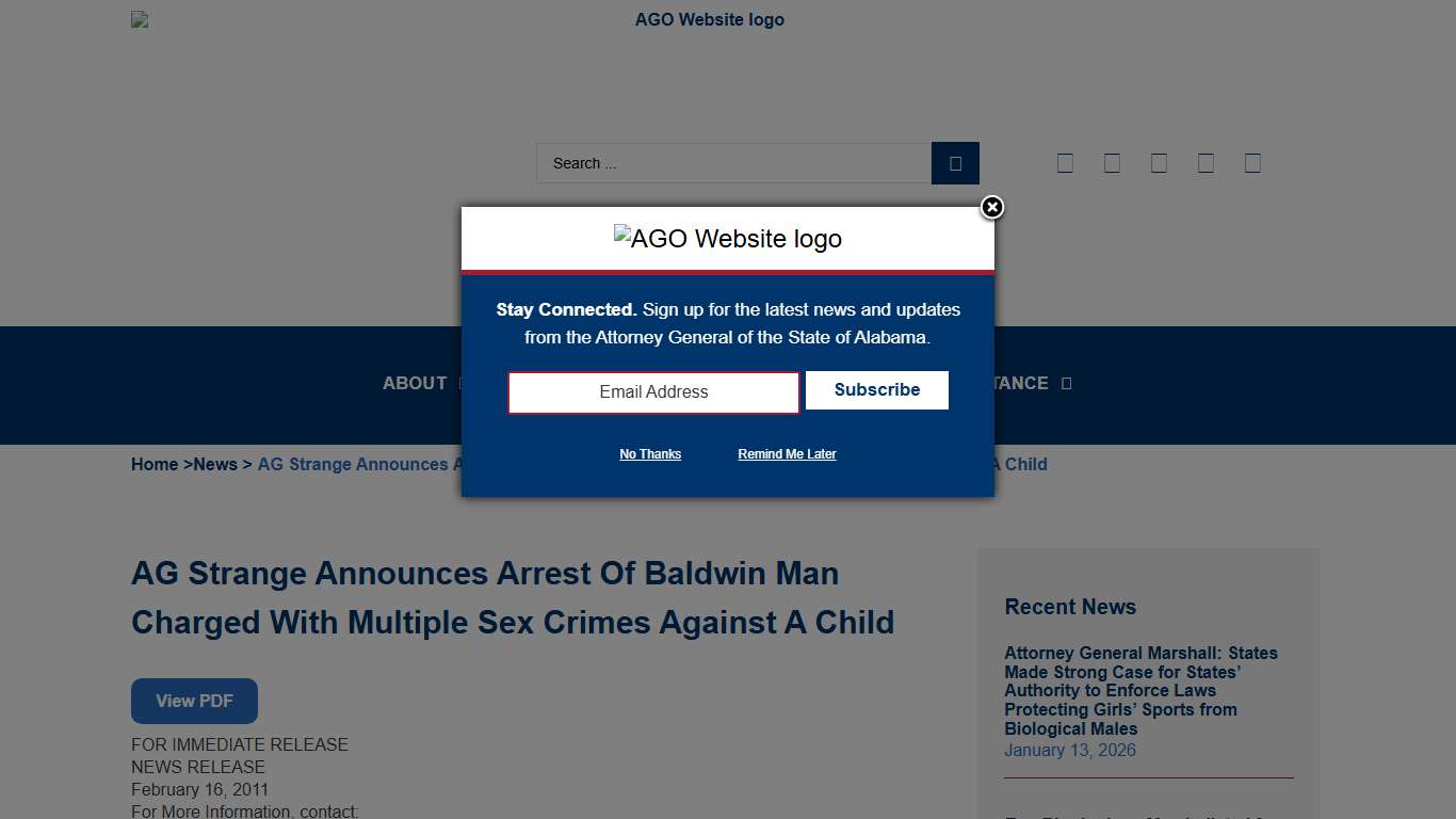 AG Strange Announces Arrest Of Baldwin Man Charged With Multiple Sex Crimes Against A Child - Alabama Attorney General's Office